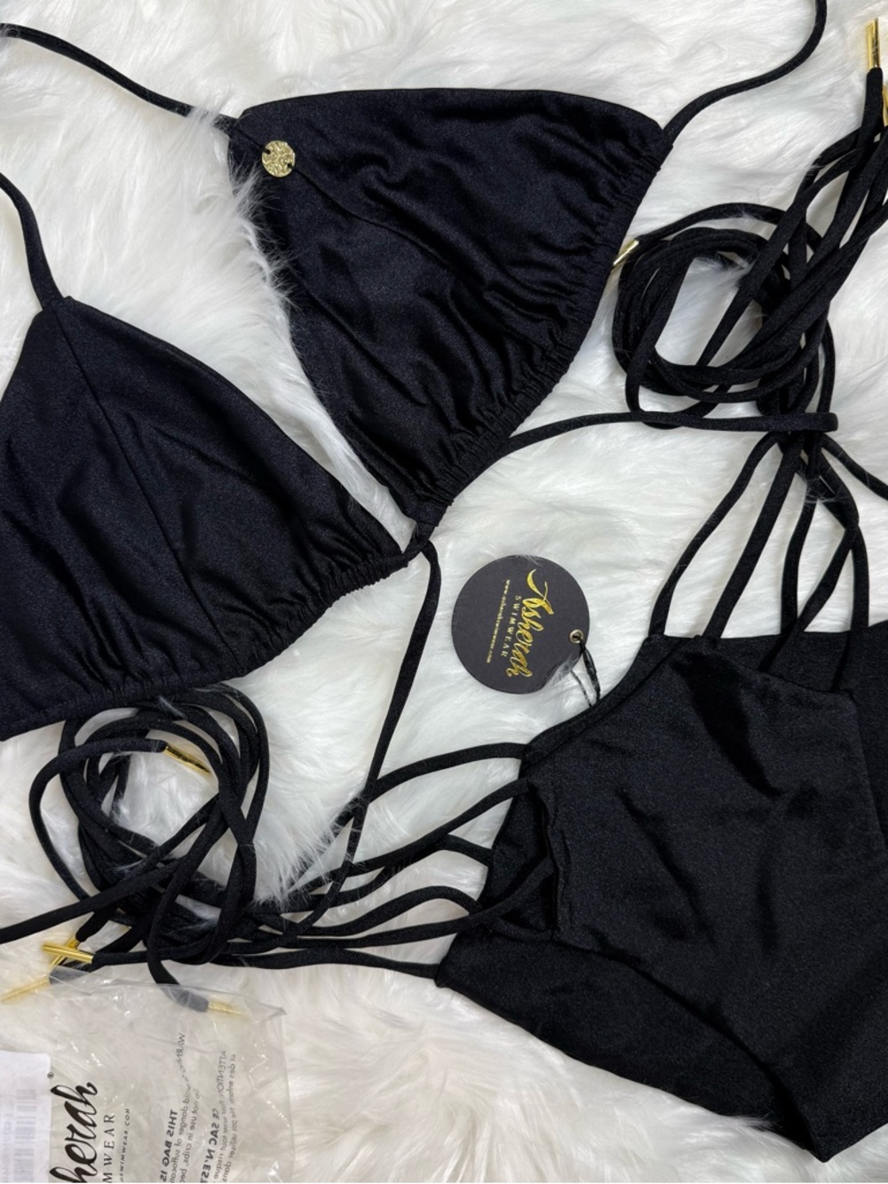 Asherah swimwear Black Strappy Bikini Set with Gold Accents